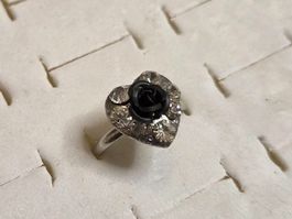 Bague ajustable Fleur Noire et Strass