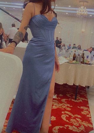 Elegantes Satin-Maxikleid mit Corsage  Blau  XS