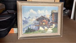Gemälde Berglandschaft mit Hütte, gerahmt, zu verkaufen