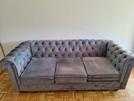 3er Chesterfield-Sofa aus grauem Samt zu verkaufen