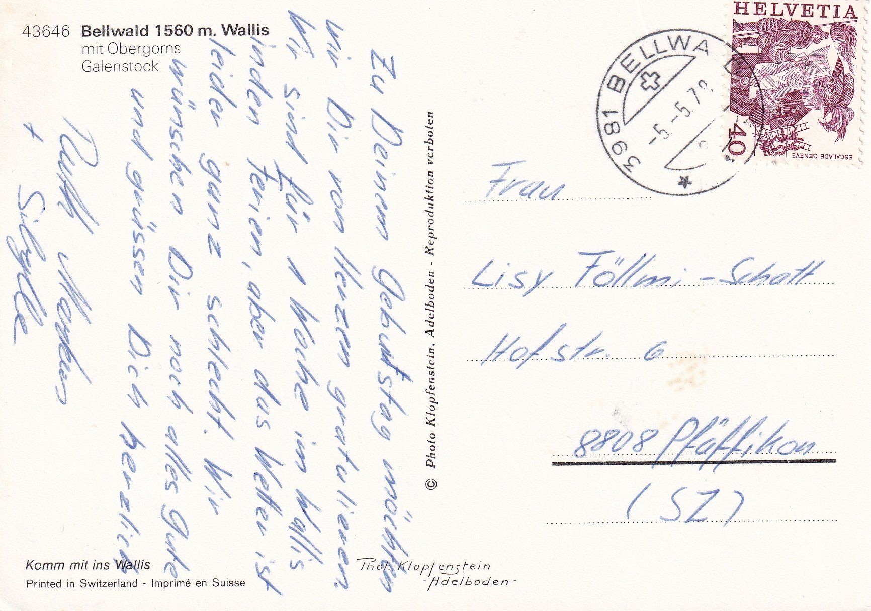 Cartoline postali: Bellwald /ay – Usato da Hombrechtikon venduto da Rudolf07 1