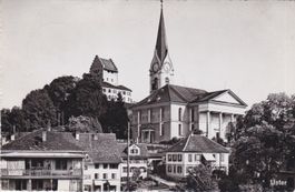 Alte Ansichtskarte mit Ortsteil USTER (Zch.) Kirche, Schloss