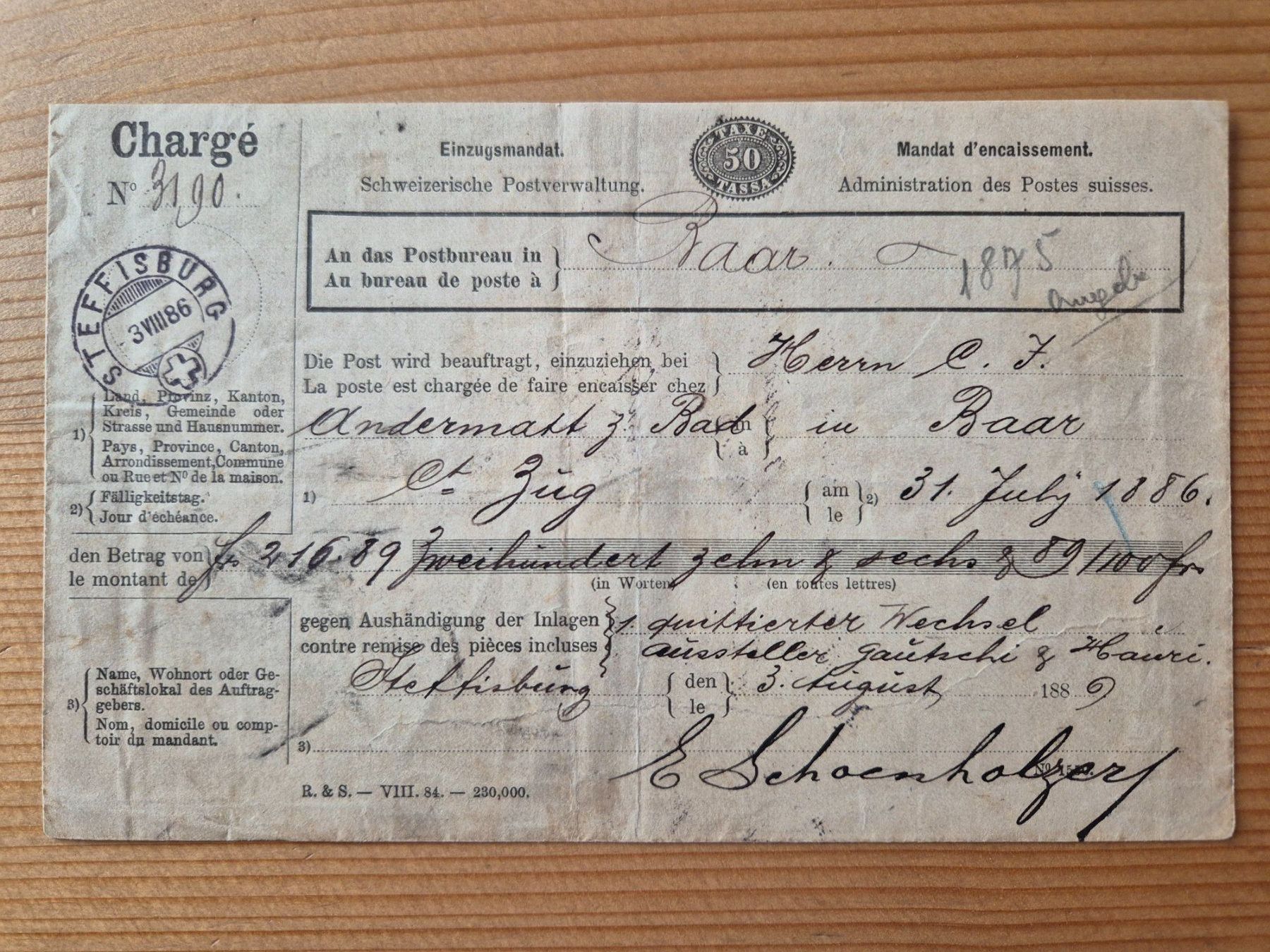 Alle Briefmarken: CH-Einzugsmandat Steffisburg 1886 gem. Bilder – Gebraucht aus Oberuzwil von ceeg7