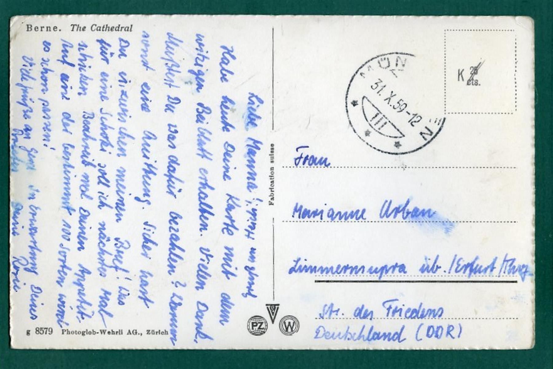 Ansichtskarten: Bern, im Münster, 1959, gelaufen – Gebraucht aus Sargans von Hausi1951 1
