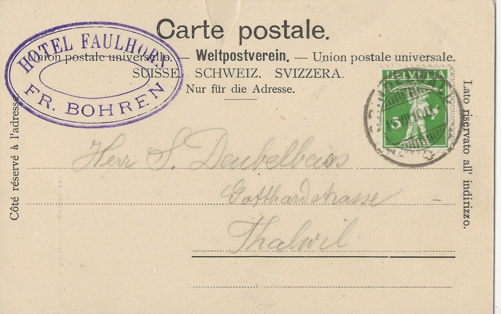 Cartoline postali: Hotel Faulhorn, 1917, Hotelstempel – Usato da Frauenfeld venduto da Merk52 1