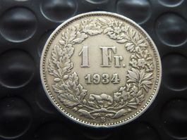 1 Fr. 1934  Auflage 0,50 Mio. Prägungen  +  Ungereinigt  -