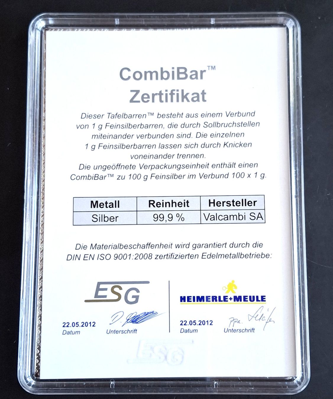 Metalli preziosi: ESG/VALCAMBI - 100 GRAMM - COMBIBAR – Usato da Boniswil venduto da dpd4coins 1