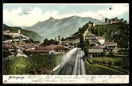AK Bellinzona, Teilansicht mit Eisenbahnstrecke und Festunge