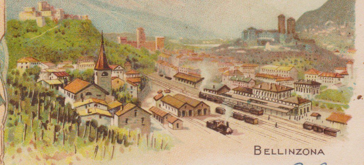 Cartoline postali: Bellinzona  Bahnhof   :   alte Litho-Ansichtskarte von 1908 – Usato da Vitznau venduto da Ropaku 1