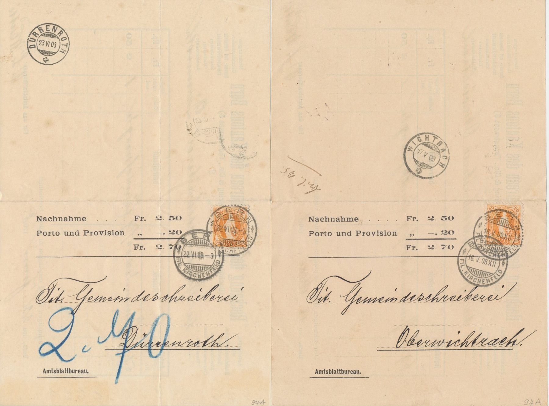 Tutti i francobolli: 1908 2 Brief/Dok. steh. Helvetia Nr. 94A – Usato da Schnottwil venduto da Chasarmar 1