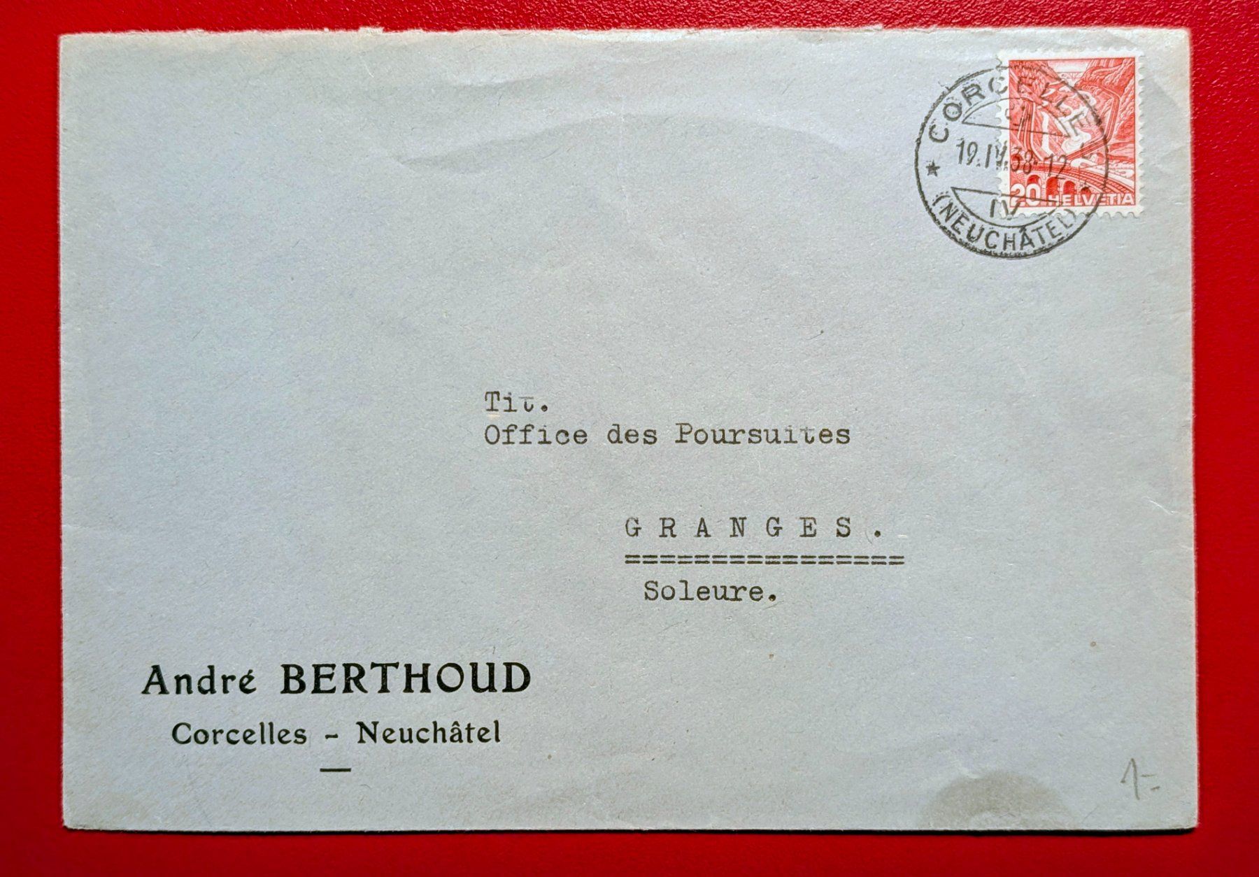 Tutti i francobolli: FIRMA ANDRE BERTHOUD CORCELLES NEUCHATEL GRENCHEN 1938 – Usato da Düdingen venduto da Quartierstrasse