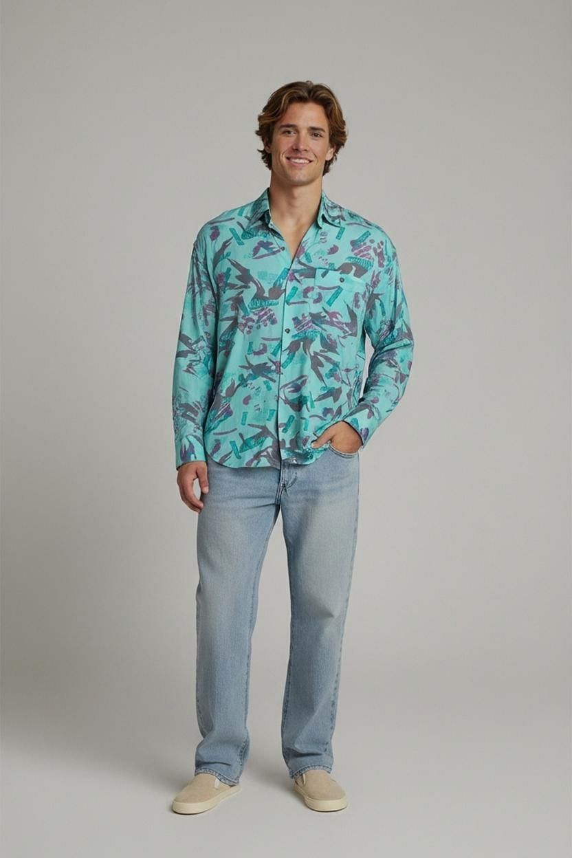 Camicie: Southwest Castle Türkis Abstraktes Muster Button-Down Hemd – Usato da Zug venduto da vinokilo