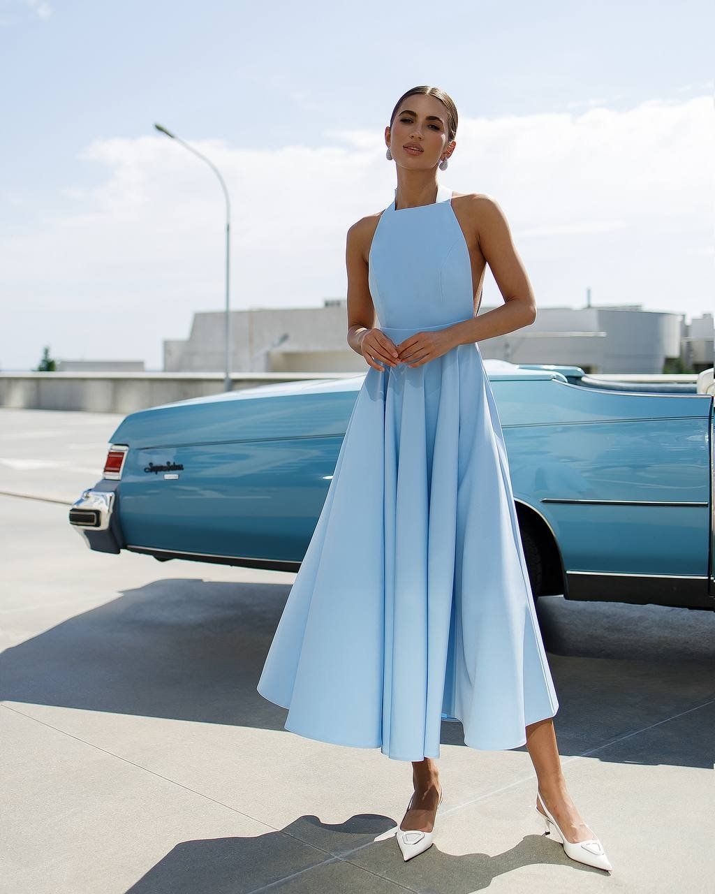 Vestiti: Blue Elegant Midi Dress with Bow Size: S – Nuovo e nell'imballaggio originale da Zürich venduto da Ms.Me-Fashion 4