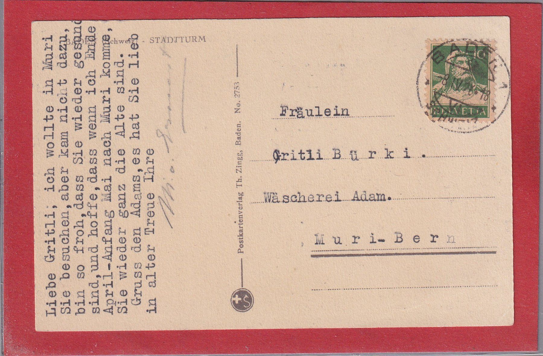 Cartoline postali: Baden (AG) - 1926 - Stadturm – Usato da Orvin venduto da Pyaeschli 1