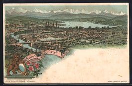 Litho Zürich, Panoramablick auf Stadt u
