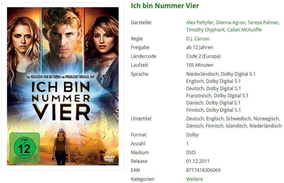 Tous les DVDs: Ich bin Nummer Vier (DVD) – D'occasion à Buchrain par Sssschaller