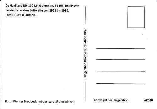 Cartoline postali: Postcard Swiss AF DH-100 Vampire Mk.6 – Nuovo (secondo la descrizione) da Basel venduto da Dogana 1