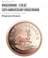 Krügerrand 2017 50th Anniversary 1/10 oz Gold Proof
