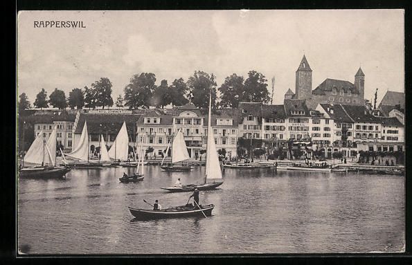 Cartoline postali: Rapperswil, Ufer mit Segelbooten und Hot – Usato da Berlin venduto da bartko-reher