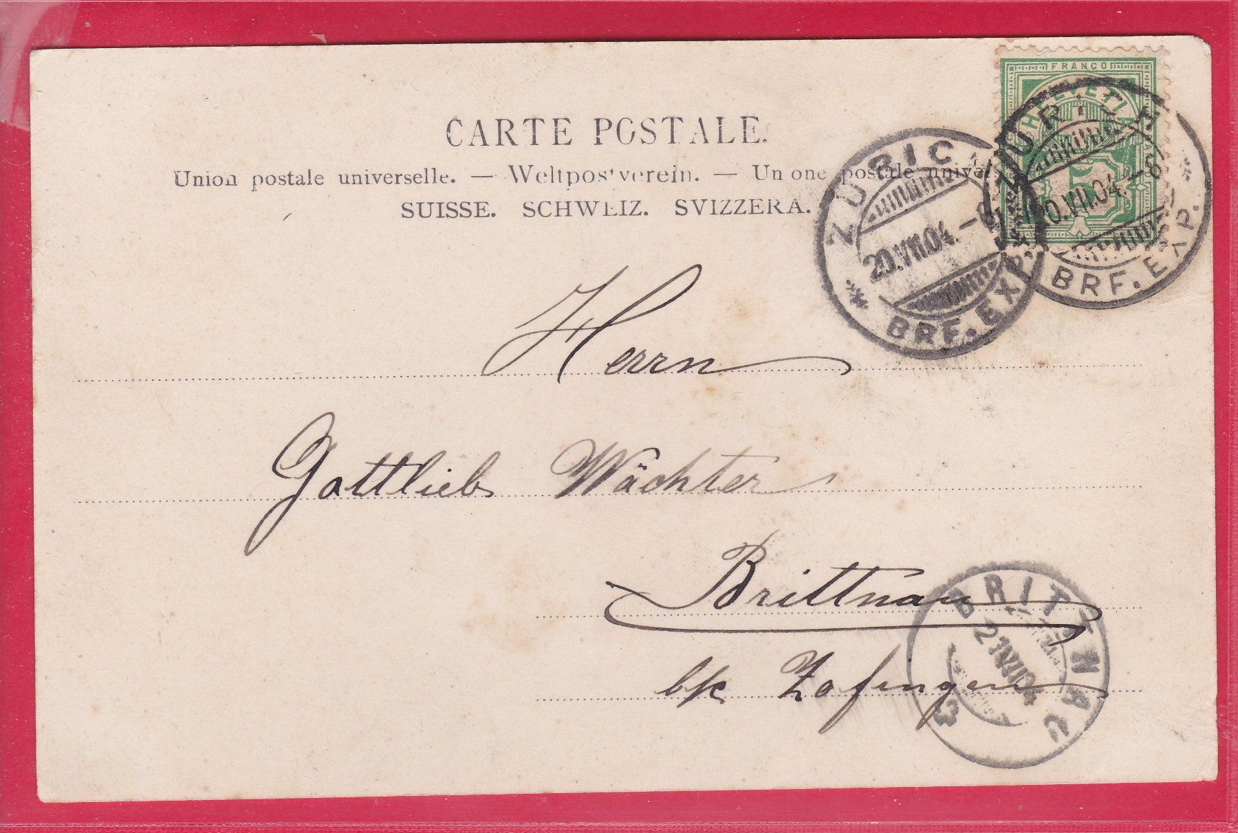Cartoline postali: ZÜRICH - TONHALLE, 20.7.1904 – Usato da Oberrieden venduto da Gebirgsstelze 1