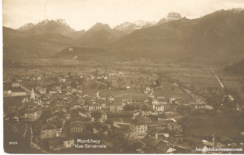 Cartoline postali: Monthey - vue Générale + 1916 – Usato da Emmenbrücke venduto da teestube