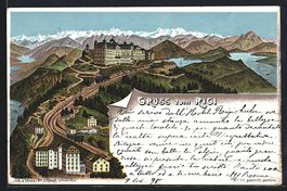Litho Rigi, Villen und Eisenbahn mit Alp