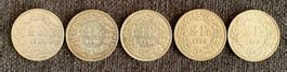 5 Silbermünzen Schweiz 2 Franken 1941-1948 gebraucht
