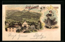 Litho Sachseln, Teilansicht mit Kirche, 