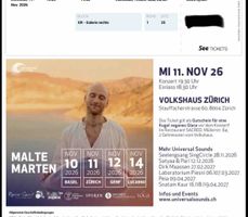 2x Konzertticket Malte Marten Volkshaus Zürich 11.11.26