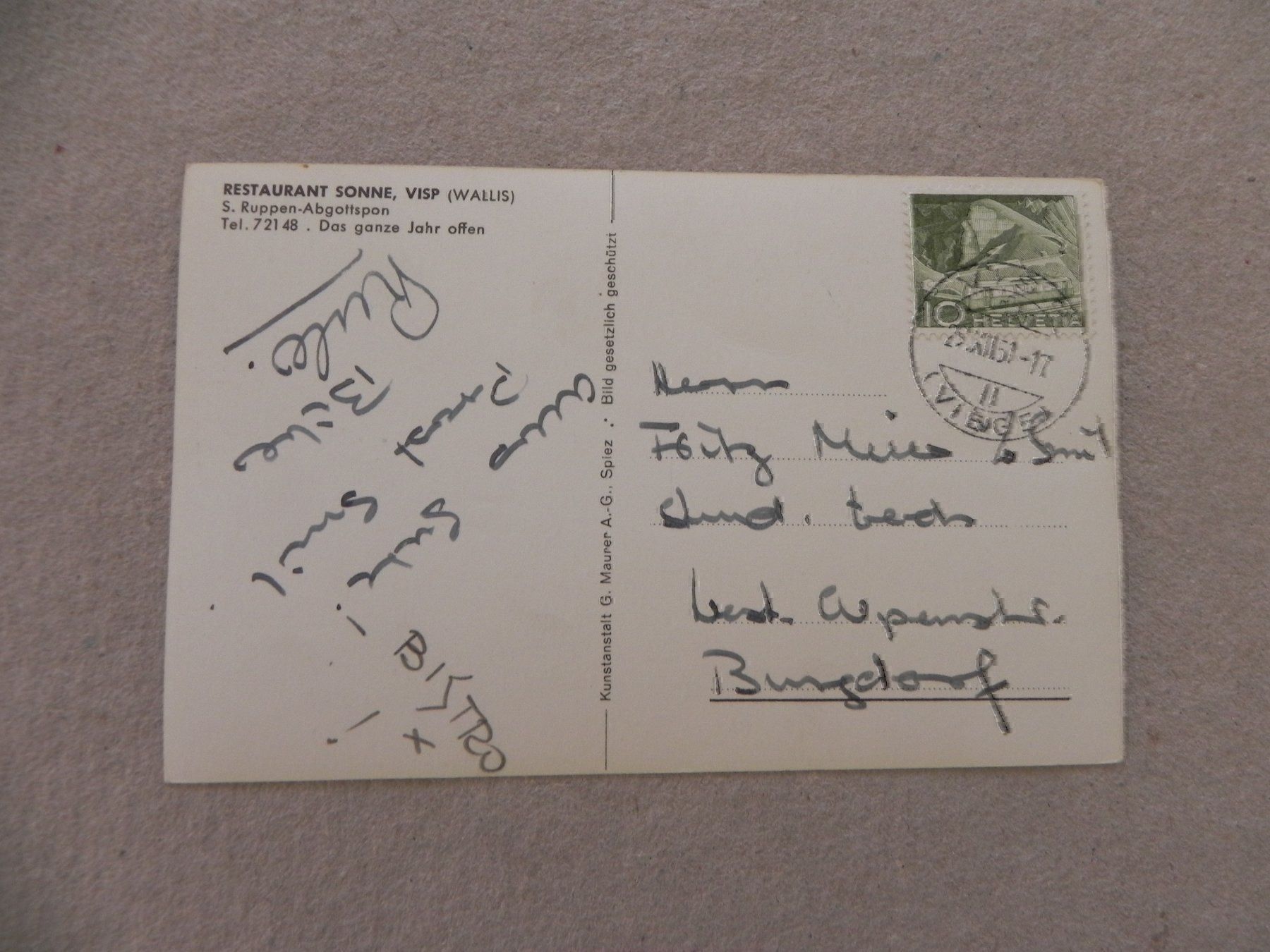 Cartoline postali: Carte Visp Viège VS Pension Sonne 1951 – Usato da Siebnen venduto da krimsie 1