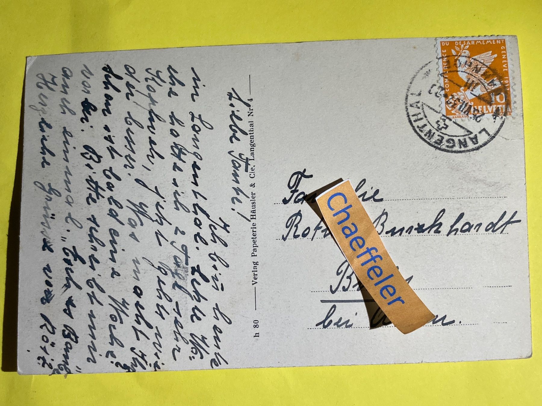 Cartes postales: 1932 Langenthal, Kirche – D'occasion à Zürich par Chaeffeler 1