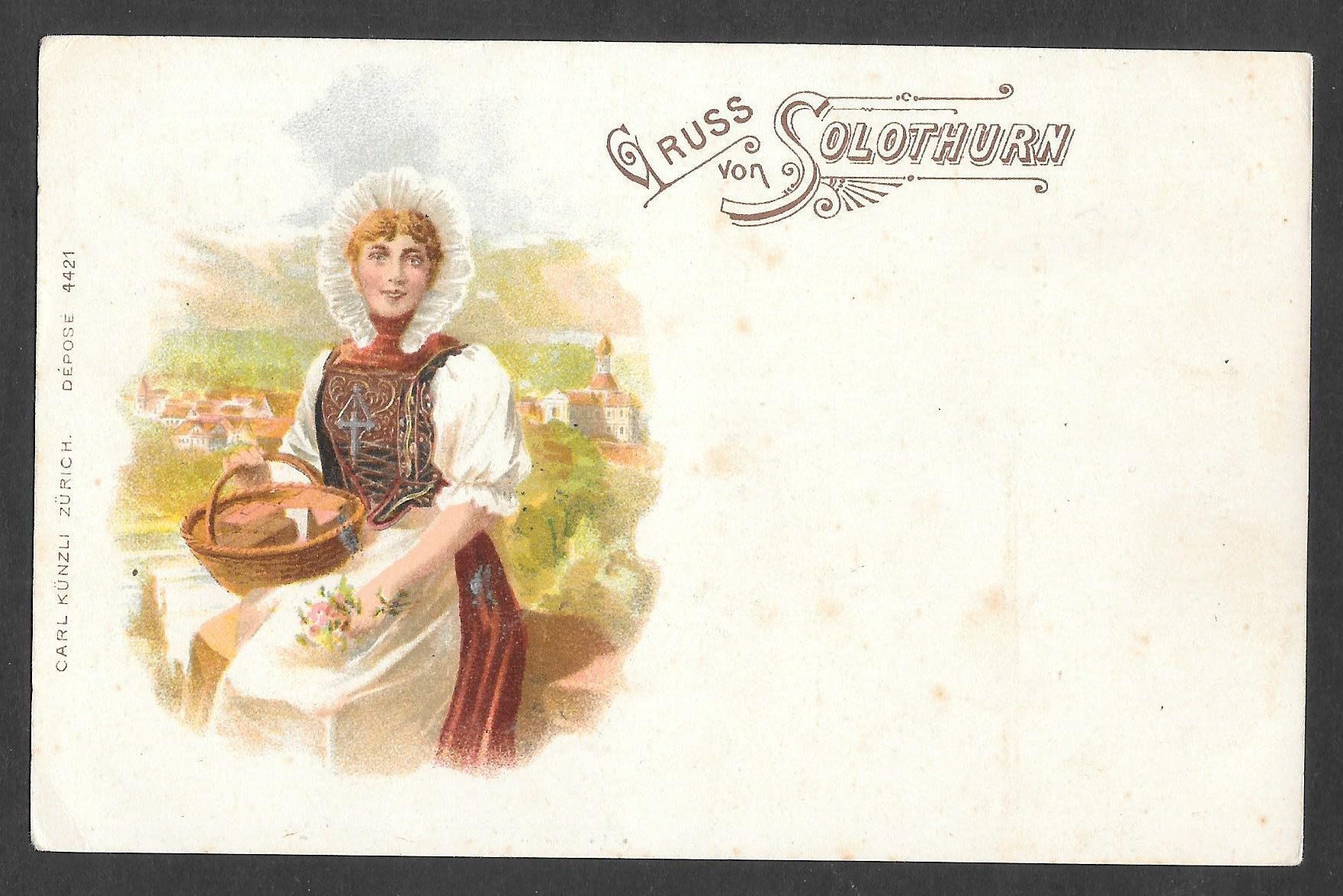 Ansichtskarten: Solothurn mit Tracht farbige Lithografie – Gebraucht aus Olten von clotaldi