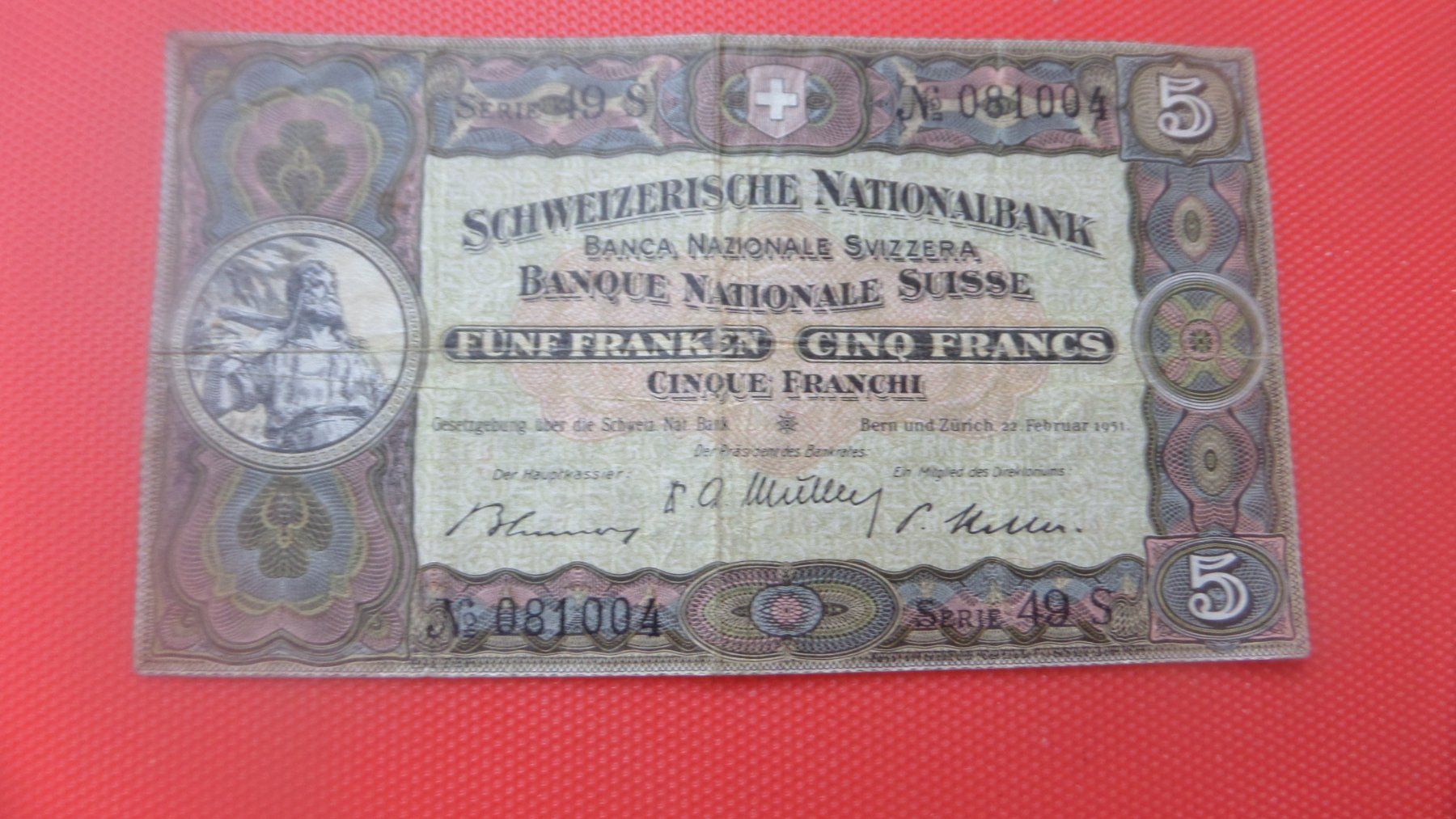 Banknoten: ALTE SCHWEIZER 5 FR NOTE  Zürich 22.Febr,1951 – Gebraucht aus Glis von MYS-Wallis2020