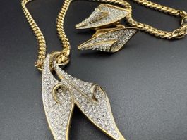 Goldfarbene Vintage Halskette und Ohrringe mit Strasssteinen