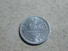 1/100 Verrechnungsmarke 1923, Stadt Hamburg, Alu, vorzüglich