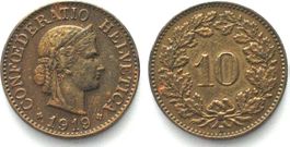 Schweiz 10 Rappen 1919 Messing ERHALTUNG! RAR! vz+