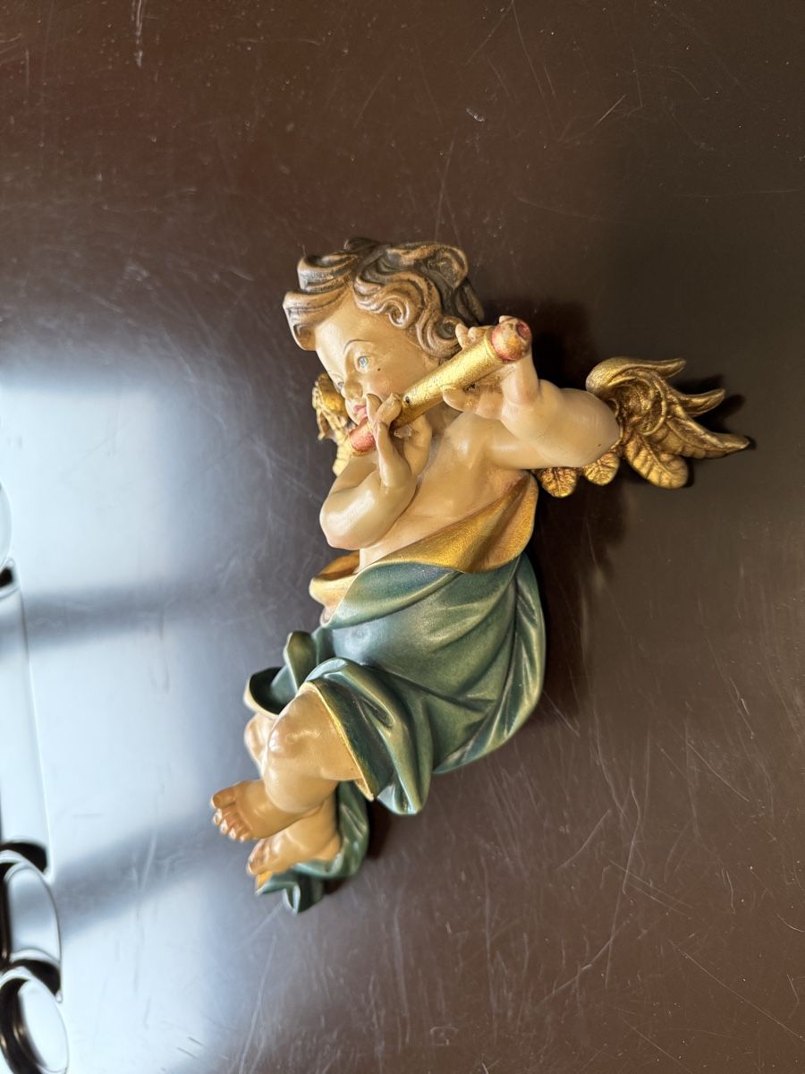 Statuette: Engel Figur, Holz, mit Flöte, Wanddeko, – Usato da Aarburg venduto da Schatzaffe 2