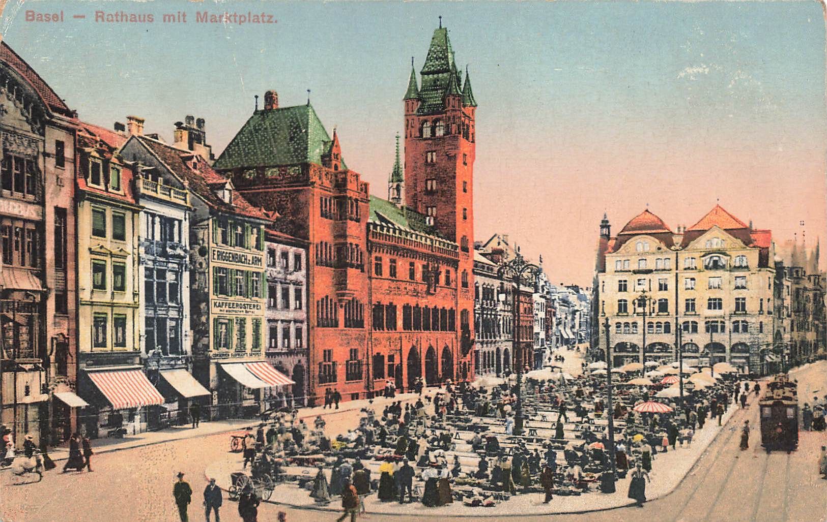 Cartoline postali: Basel (BS) Rotes Rathaus und Marktplatz mit Tram – Usato da Biasca venduto da Blenio71