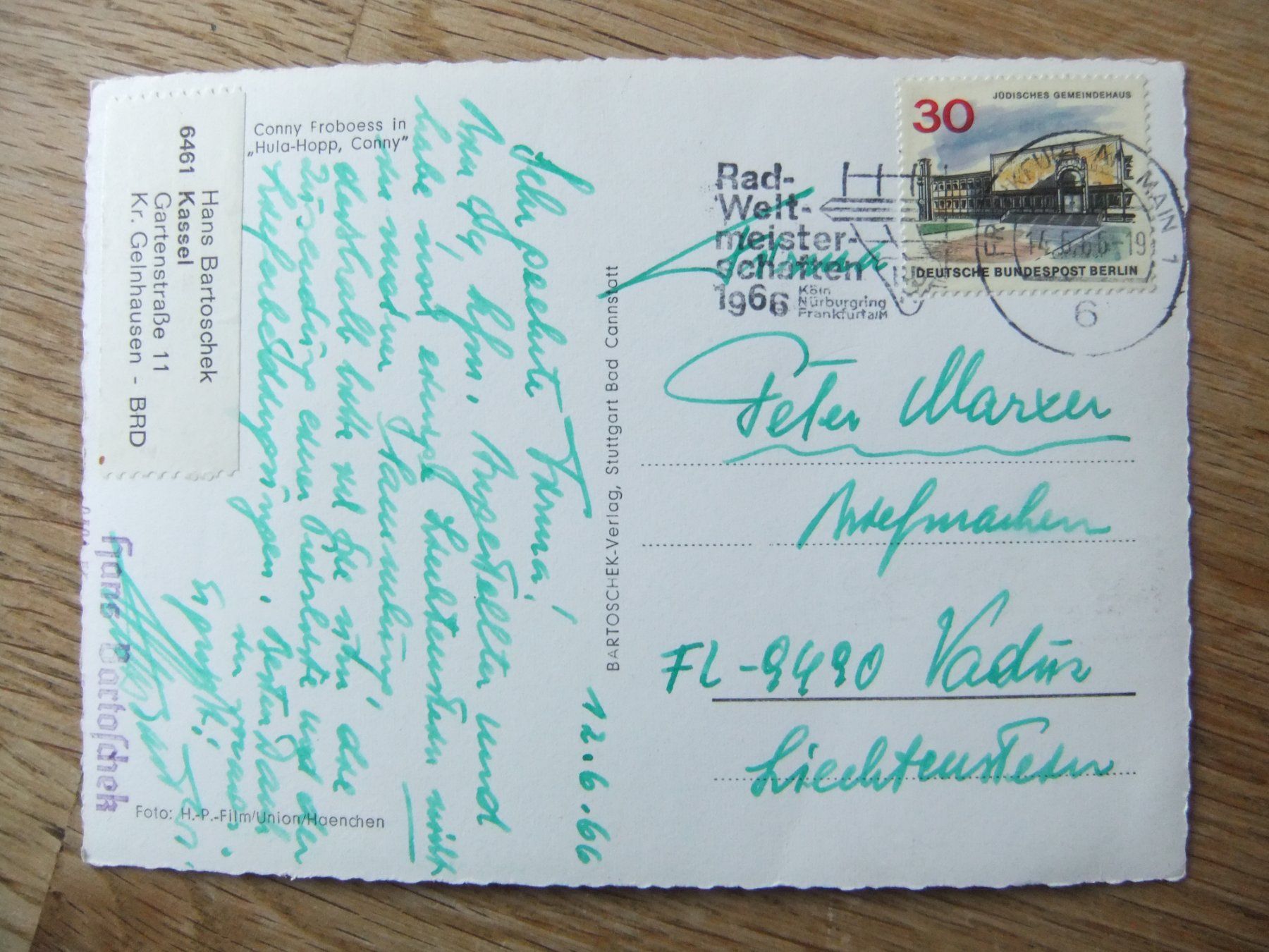 Cartoline postali: Ansichtskarte mit Bild von Conny Froboess 14.6.1966 – Usato da St. Niklaus VS venduto da wunschlos54 1