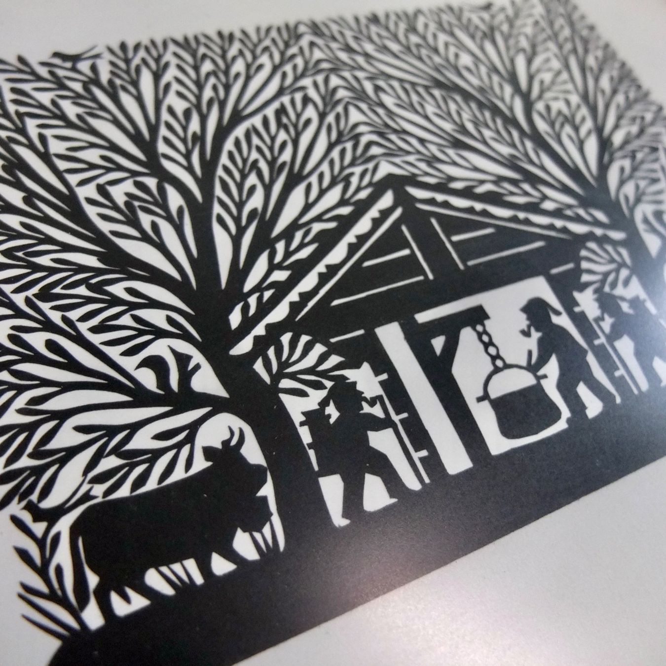 Grafica & Litografie: David Regez, Scherenschnitt, Alphütte mit Käsekessi – Usato da Basel venduto da Brocki-auf-dem-Wolf 3