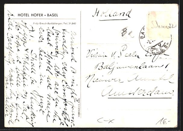 Cartoline postali: Künstler-AK Basel, Hotel Hofer – Usato da Berlin venduto da bartko-reher 1