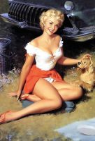 Blechschild-PINUP MIT HUND VOR AUTO