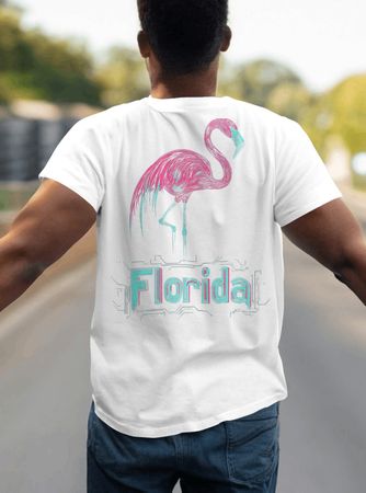 Tshirt Herren L weiss Rückenmotiv Florida Flamingo neon