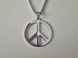 Pendentif Signe Paix Hippie Retro Argenté Acier Inoxydable