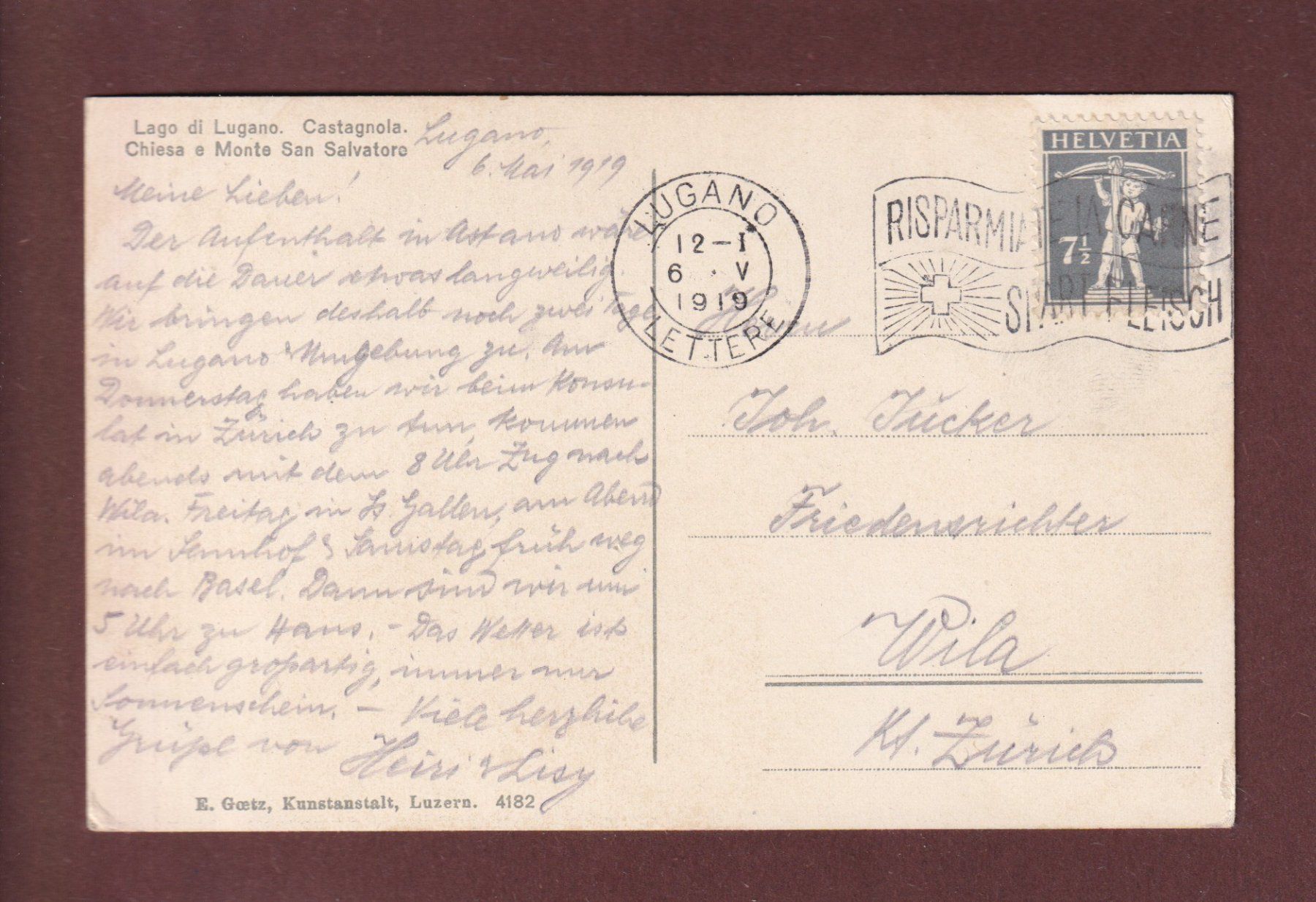 Cartoline postali: CASTAGNOLA - Chiesa antica - 1919 – Usato da Pully venduto da nicecards 1