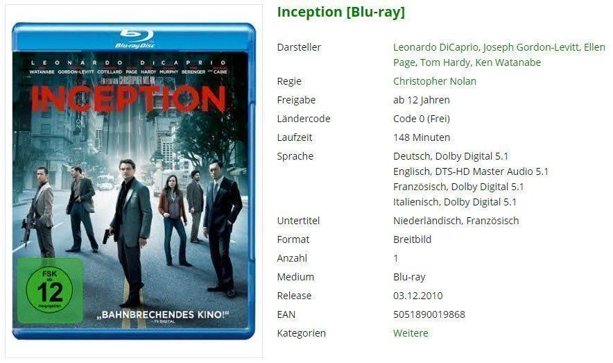 Tutti i DVDs: Inception [Blu-ray] – Usato da Buchrain venduto da Sssschaller