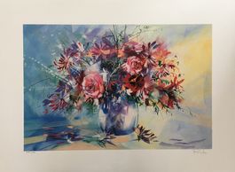 Roche  "Bouquet de Roses et Chèvrefeuille"  Farblithographie