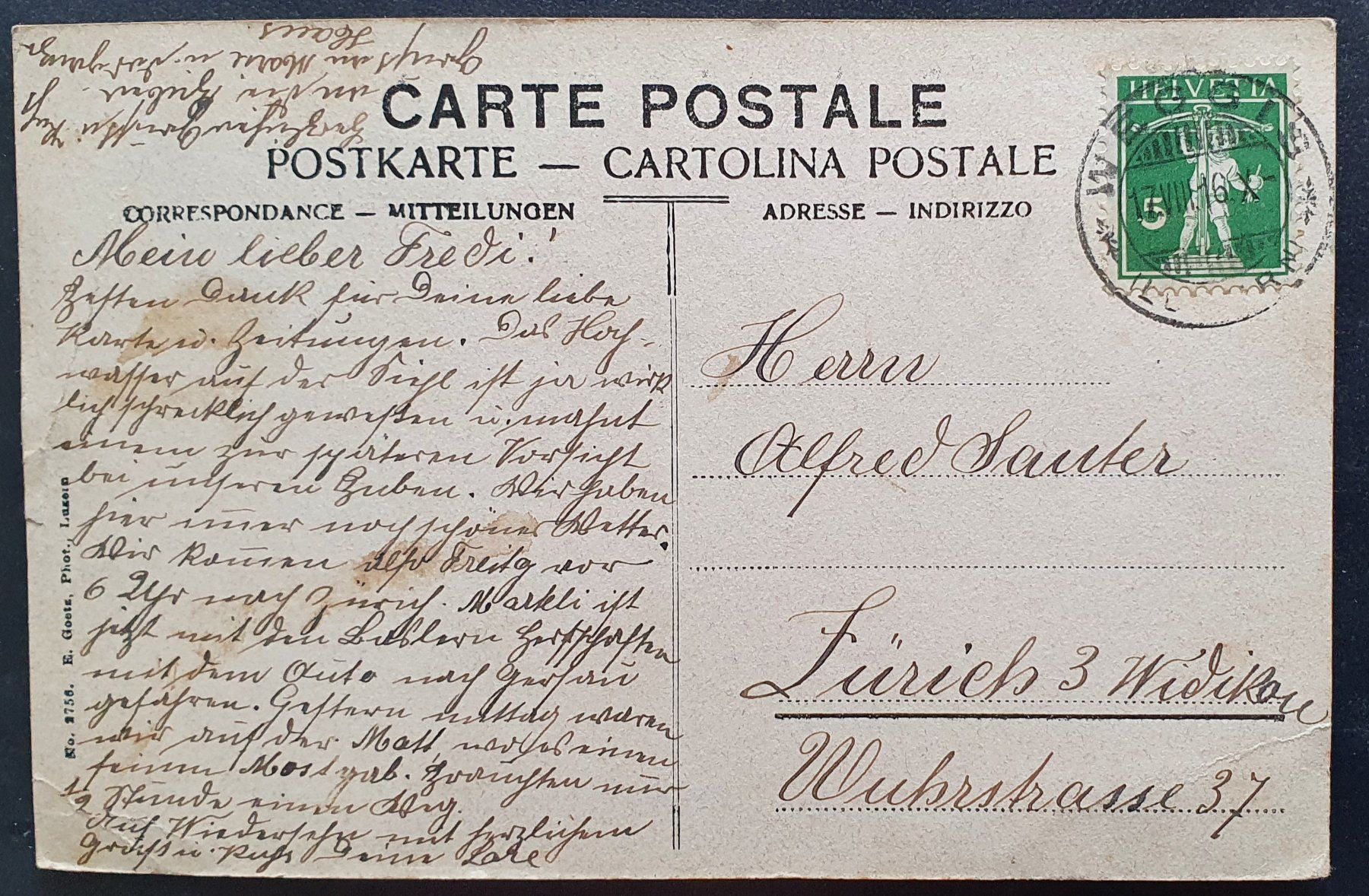 Cartoline postali: Hotel Lützelau b. Weggis 1916 – Usato da Kreuzlingen venduto da Rschweiz1 1