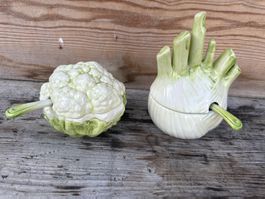 Keramik Gewürzdosen Blumenkohl Fenchel weiss grün Vintage