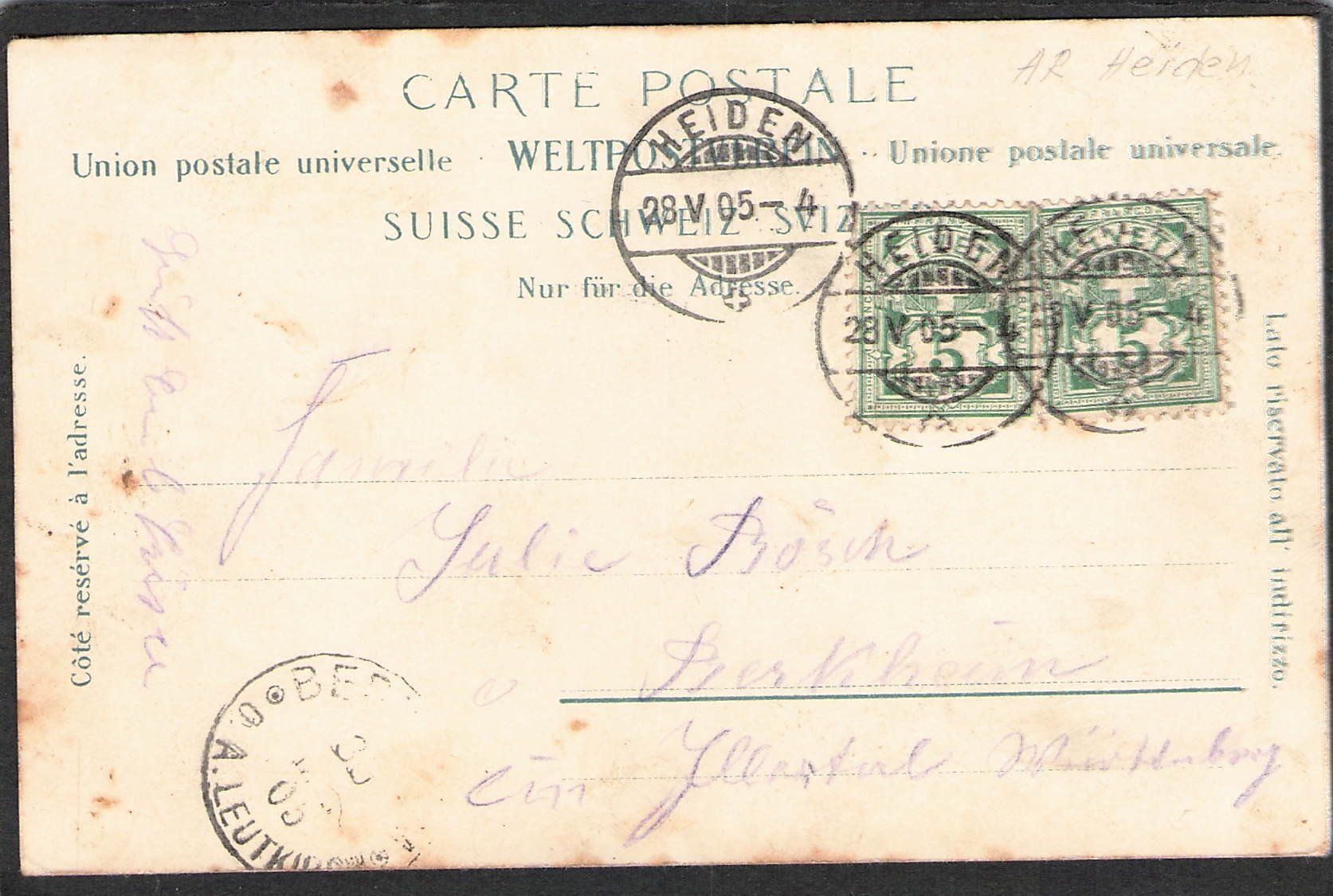 Cartoline postali: - AK Heiden , 1905 – Usato da Reichenburg venduto da Pipo-67 1